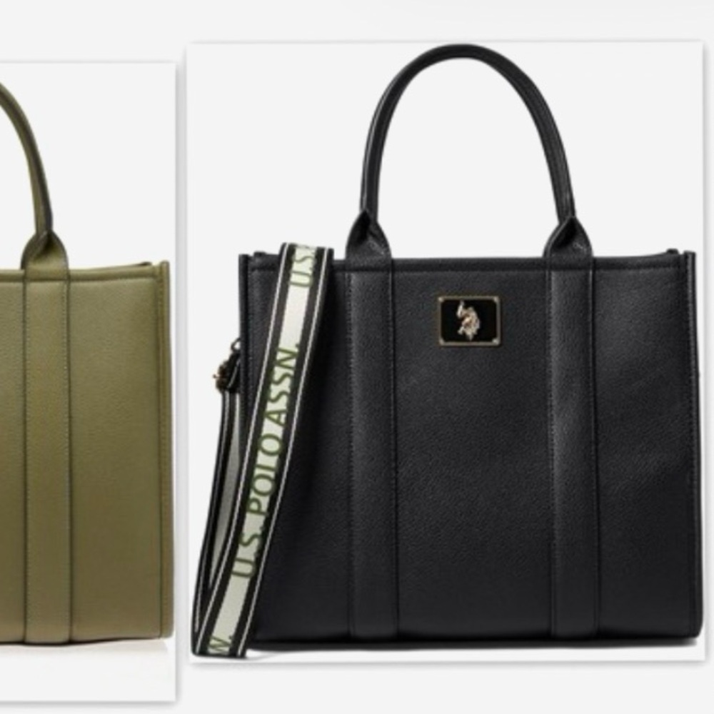U.S. Polo Assn. Black Pebbled Tote with olive/ black/ cream Branded Strap